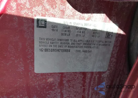 2017 Chevrolet Cruze Lt Auto z USA, uszkodzony, nr VIN 1G1BE5SM5H7159664